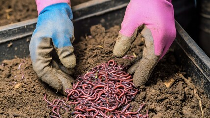 Agriculture concept. Hands in gloves handling earthworms in rich soil for composting or gardening.