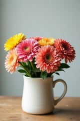 Fototapeta premium A delightful arrangement of vibrant pastel gerbera daisies in a simple, elegant ceramic pitcher, adorning a rustic wooden surface