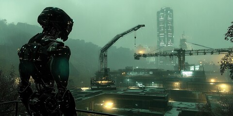 Futuristic robot observes construction site at dusk in a cyberpunk cityscape