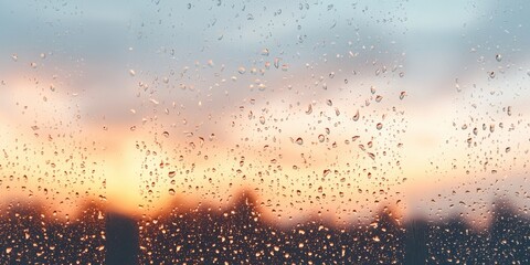 Raindrops on windowpane city skyline at sunset nature urban environment close-up view serenity concept