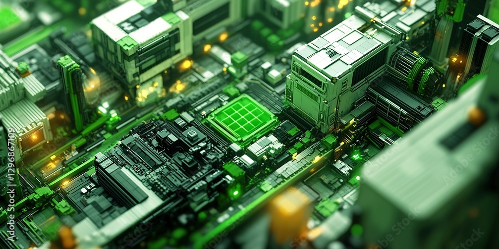 Poster exploring a detailed circuit board design with green lights and intricate components in a futuristic