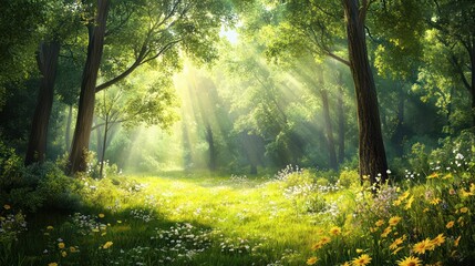 Obraz premium Peaceful Forest Glade with Sunlight and Wildflowers By Generated AI