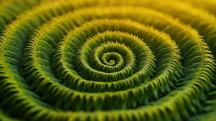 A close-up view of a spiral pattern formed by lush green foliage, showcasing intricate textures and vibrant colors in a natural setting.