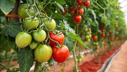 Fresh tomatoes ripening in a greenhouse setting