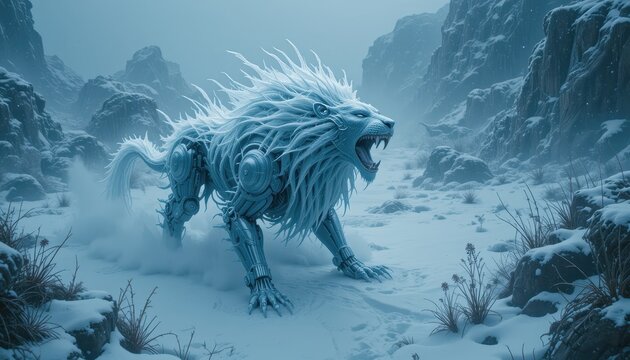 Majestic Robotic Lion Roaring in a Snowy Winter Landscape A Futuristic Mechanical Creature in a Cold Environment