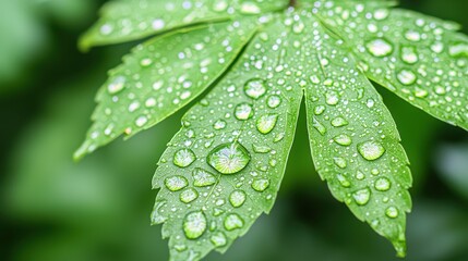 A close-up of a green leaf covered in droplets of water, showcasing its vibrant color and texture, highlighting the beauty of nature.
