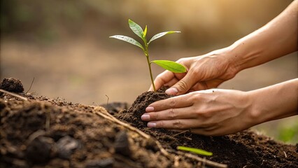Fototapeta premium Planting a young sapling in rich soil for a greener future