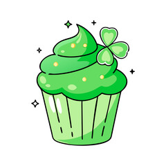 Green Cupcake with Shamrock and Sparkles, A cheerful green cupcake decorated with a shamrock and sparkles, perfect for St. Patrick's Day or festive celebrations.
