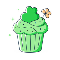 Green Cupcake with Shamrock and Flower, A festive green cupcake with a shamrock and a small flower decoration, perfect for St. Patrick's Day celebrations.
