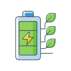Green Battery with Leaves and Lightning Bolt, An eco-friendly illustration of a battery with a lightning bolt and leaves, symbolizing renewable energy and sustainability.
