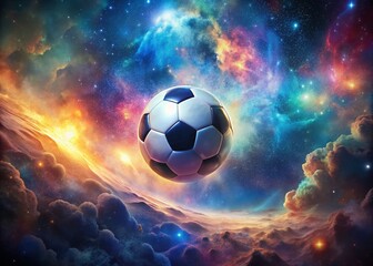 Fototapeta premium Surreal Floating Soccer Ball in Cosmic Landscape - Dreamlike Sports Photography