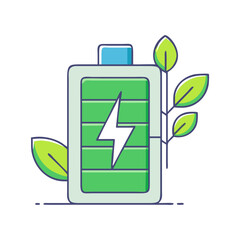Eco-Friendly Battery with Leaves Illustration, A clean illustration of a battery with a lightning bolt and leaves, representing eco-friendly and renewable energy.
