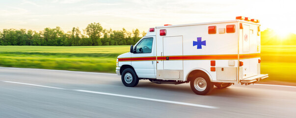 Emergency medical ambulance vehicle on rural road at sunset