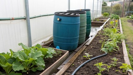 Rainwater harvesting barrels in a greenhouse garden