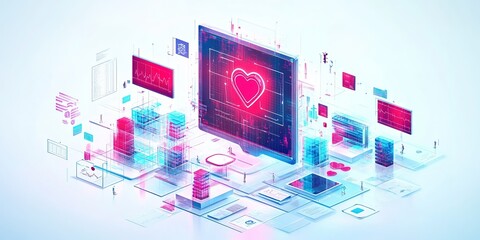 Futuristic healthcare technology concept featuring data visualization and heart monitoring systems in a digital environment