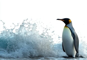 Fototapeta premium Majestic emperor penguin standing on the shore beside crashing ocean waves, showcasing natural beauty and resilience in a vibrant coastal environment