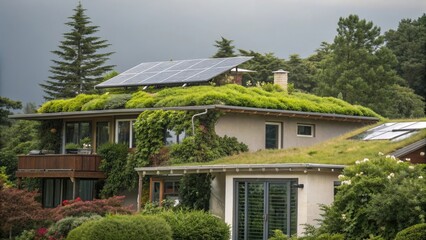 Fototapeta premium Eco-friendly home with green roof and solar panels