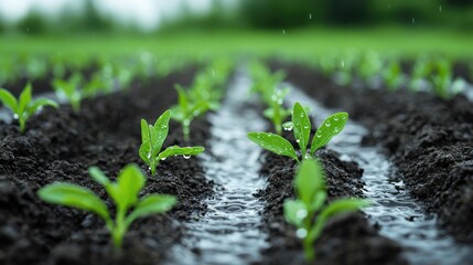 Lush green seedlings sprout from moist soil, nourished by rainwater, symbolizing growth and vitality in a vibrant agricultural landscape.