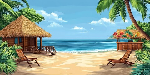 Sunny beach retreat with lounge chairs and tropical huts near the ocean along a sandy shoreline