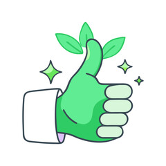 Green thumbs-up hand with plant sprout, An illustration of a green thumbs-up hand with a small plant sprout, symbolizing growth, positivity, and eco-friendliness.
