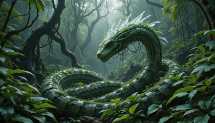 Enigmatic Green Serpent Coiled in Lush Tropical Rainforest Mystical Creature Fantasy Art
