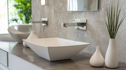 Fototapeta premium Minimalist white and gray bath accessories set arranged on a sleek modern bathroom counter.