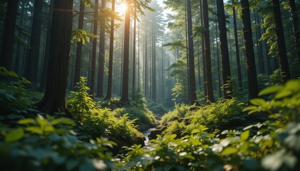 Obraz premium Serene Sunlight Streaming Through Majestic Forest Trees Illuminating Lush Greenery and Creek