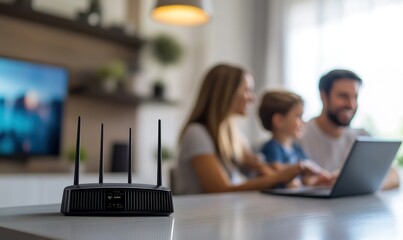 Family using laptop, wifi router foreground, home