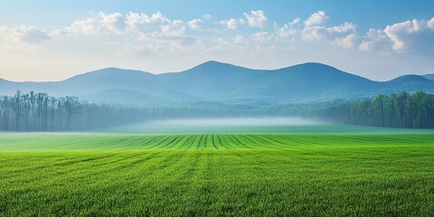 Fototapeta premium Lush green field under a blue sky with distant mountains in the early morning light