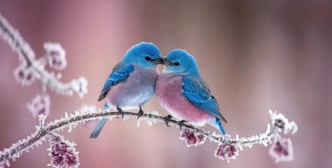 Obraz premium Two blue birds tenderly touching beaks on a frost-covered branch.