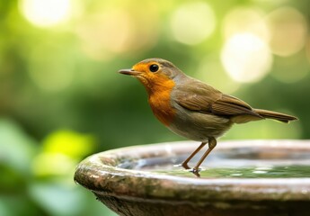Fototapeta premium Close-Up View of a Vibrant Bird Drinking Water from a Garden Birdbath Surrounded by Lush Greenery in Soft Natural Light