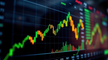 Fototapeta premium Fluctuating financial chart depicting market trends with green and red bars on a dark background.