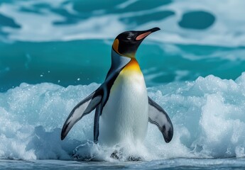 Fototapeta premium Majestic Emperor Penguin Wading Through Waves with Splashing Ocean in Background Captured in Vibrant Colors and Natural Habitat of Antarctica