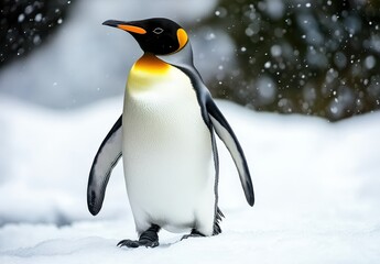 Obraz premium Majestic Emperor Penguin Walking Through Snow in a Winter Wonderland with Soft Snowflakes Falling Around It