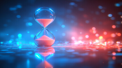 A futuristic hourglass with glowing sand against a bright white background, symbolizing time, change, and the passage of moments, showcasing a sleek and modern design