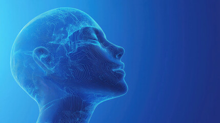 Obraz premium Digital visualization of a human head on a blue background as a concept of intelligence and technology.