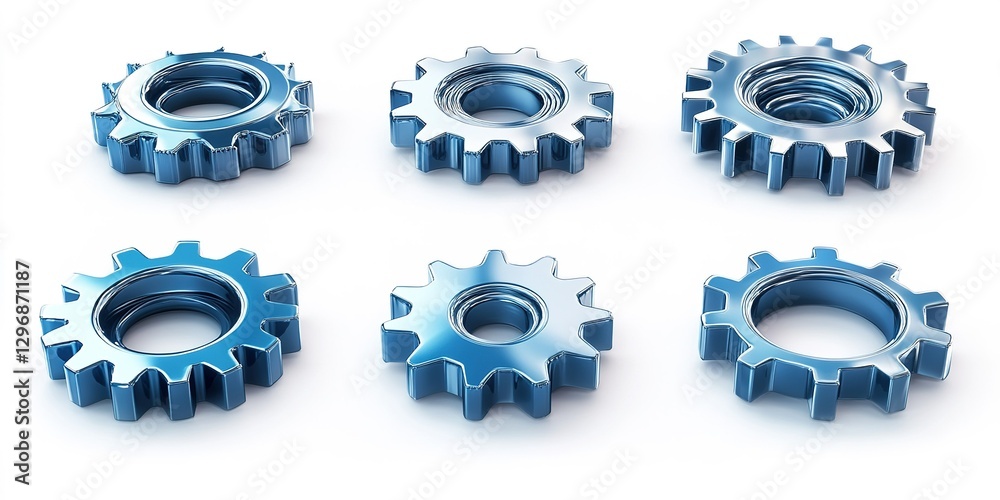 Poster metallic gears arranged in two rows showcasing intricate details and smooth surfaces in a clean layo