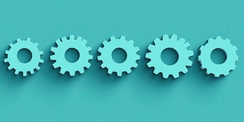 Gears arranged in a line showcasing a variety of sizes on a teal background representing mechanical design concepts