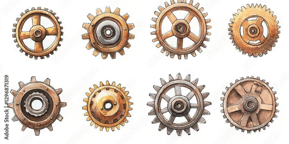 Poster intricate designs of various gears showcasing unique shapes and textures in a mechanical setting
