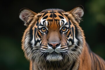 Fototapeta premium Majestic tiger portrait showcasing striking fur patterns and int