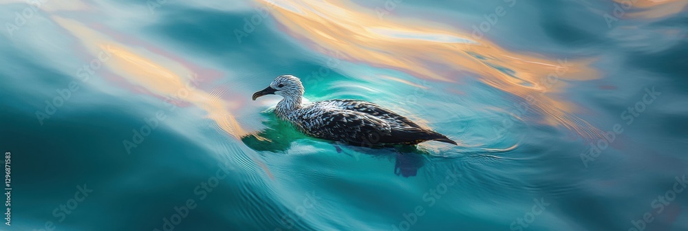 Aufkleber seabird struggles in oil spill affecting ocean surface and wildlife during sunset. generative ai