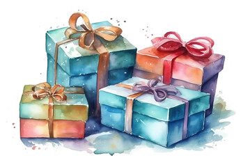watercolour Gift celebration anniversary decoration on white and transparent background, illustration AI generative.