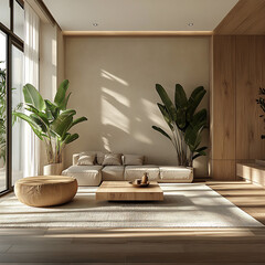 stylish and clutter free living space with sleek furniture, featuring cozy sofa, wooden coffee...
