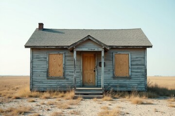 Obraz premium A weathered grey wood house with boarded windows stands alone in a dry, grassy field under a pale sky