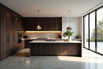 Modern Dark Wood Kitchen Island Design with Sunlight Streaming Through Large Windows