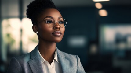 African businesswoman exuding confidence and professionalism in a modern workplace setting.
