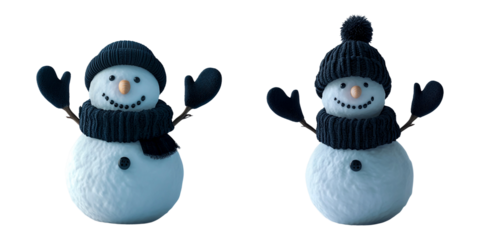 One of a snowman smiling and waving with black gloves on its hands, against a transparent background