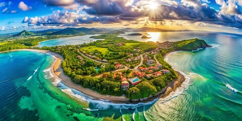 Obraz premium Surreal Panoramic Aerial View of Tamarindo, Costa Rica: Vibrant Coastal Town Dreamscape