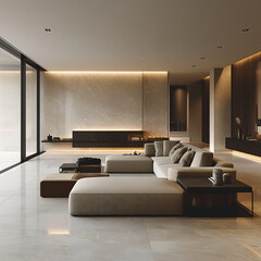 sleek and minimalist modern living room with neutral tones, featuring spacious layout and elegant...