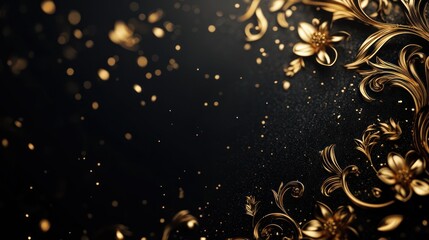Golden floral swirls, dark background, glittering dust, luxury design